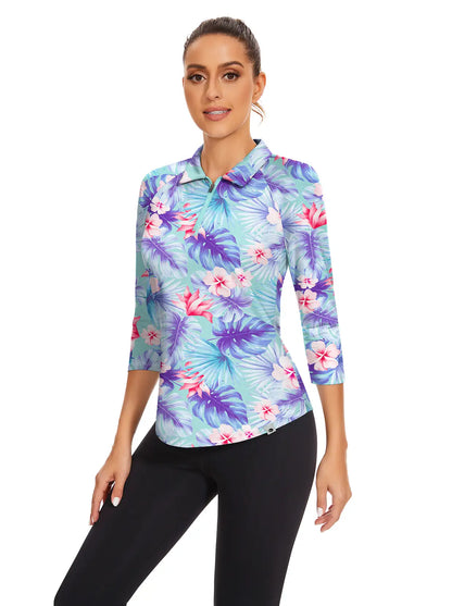 Tropical Floral Quarter-zip 3/4 Sleeve Polo Shirt For Women