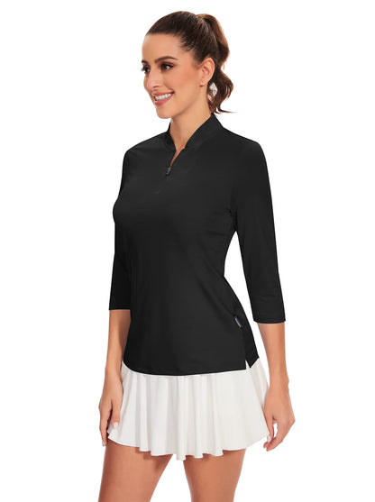 Solid Black Quarter-Zip 3/4 Sleeve Golf Shirt for Women