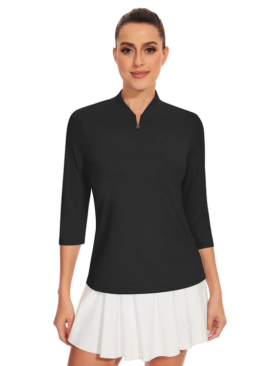 Solid Black Quarter-Zip 3/4 Sleeve Golf Shirt for Women 