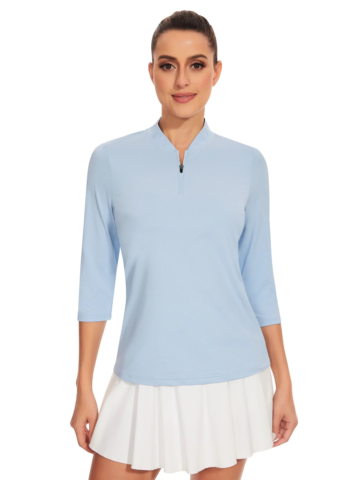 Solid Blue Quarter-Zip 3/4 Sleeve Golf Shirt for Women