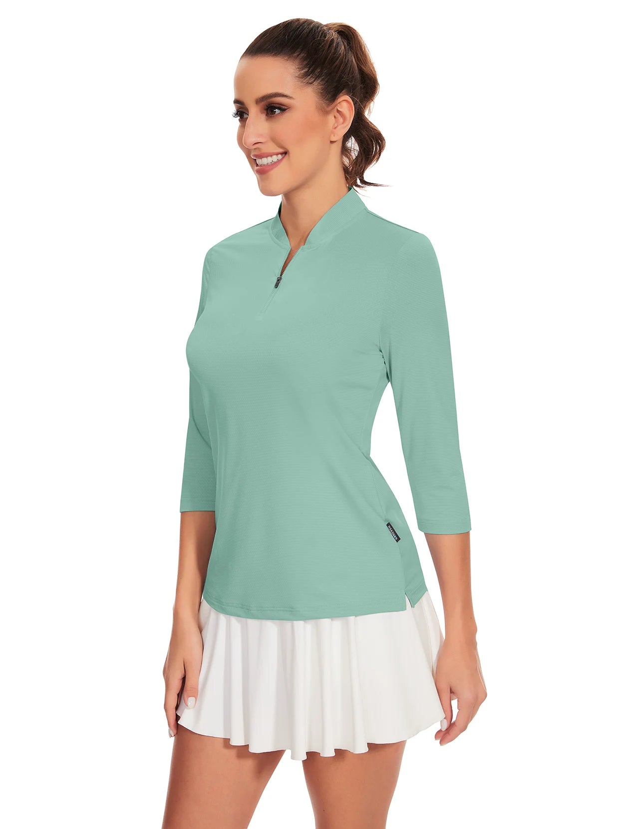 Solid Green Quarter-Zip 3/4 Sleeve Golf Shirt for Women