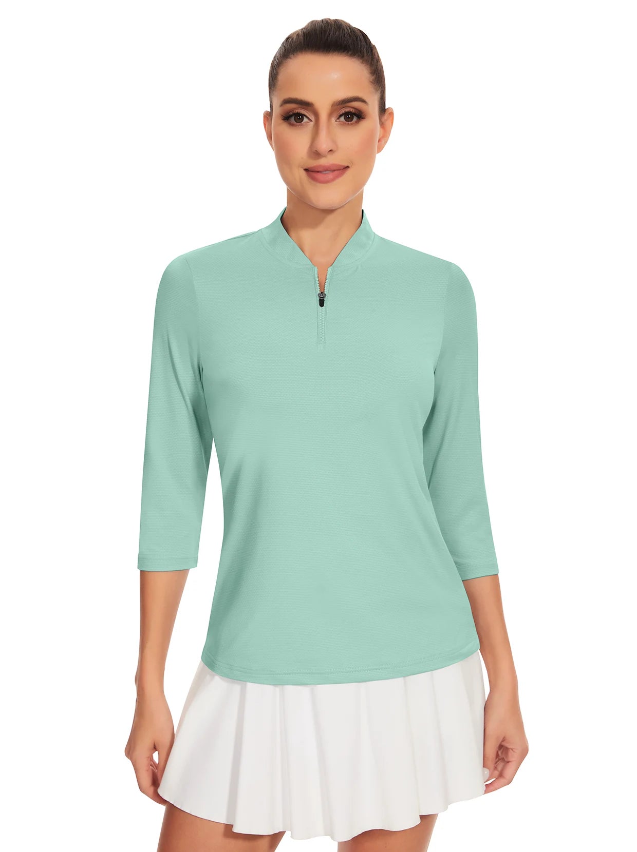 Solid Green Quarter-Zip 3/4 Sleeve Golf Shirt for Women