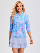 Blue Oceanic Botanical Quarter-zip 3/4 Sleeve Shirt for Women