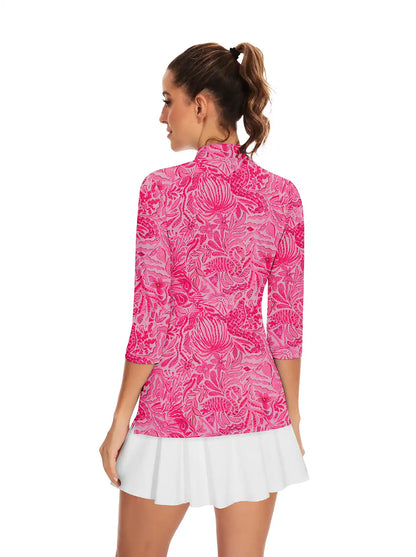 Pink Floral Quarter-Zip 3/4 Sleeve Shirt for Women