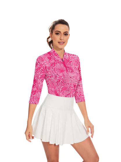 Pink Floral Quarter-Zip 3/4 Sleeve Shirt for Women