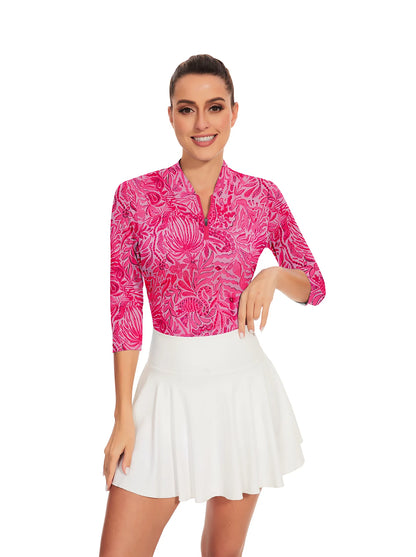 Pink Floral Quarter-Zip 3/4 Sleeve Shirt for Women