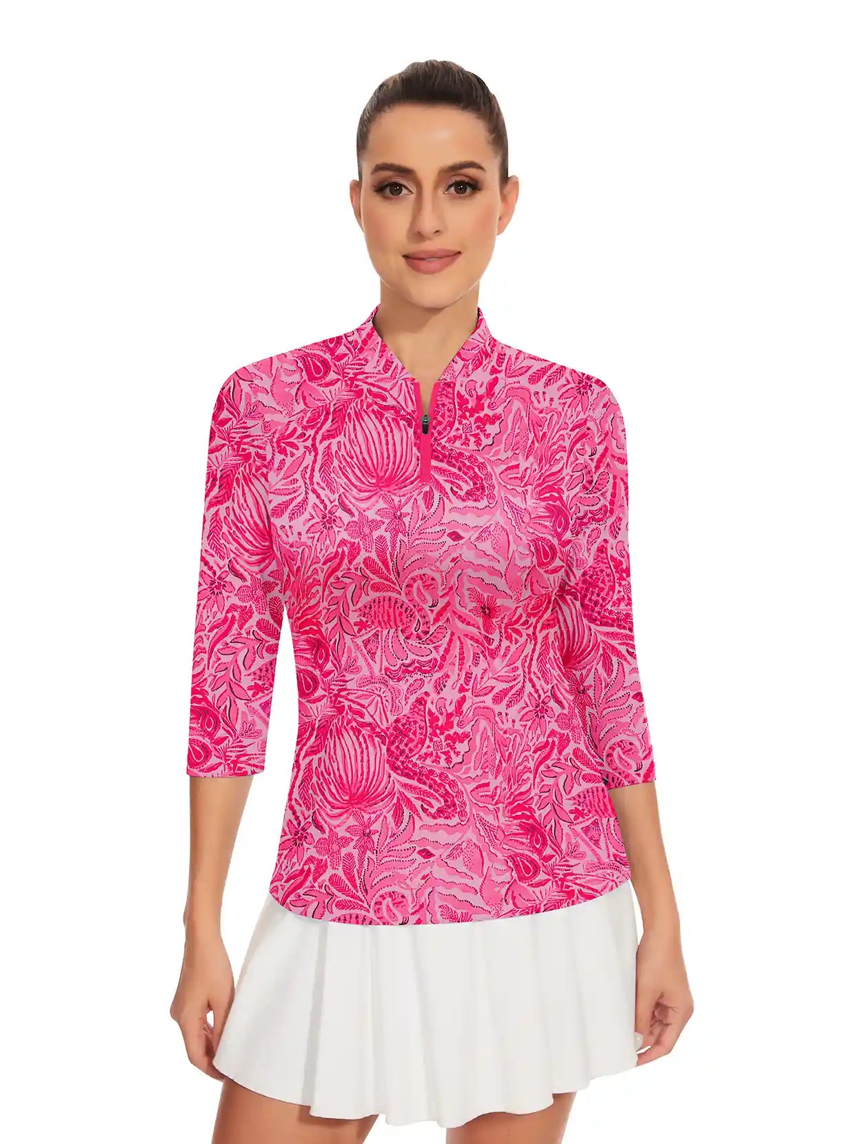 Pink Floral Quarter-Zip 3/4 Sleeve Shirt for Women 