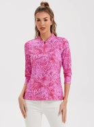 Pink Floral Quarter-Zip 3/4 Sleeve Shirt for Women