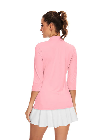 Solid Pink Quarter-Zip 3/4 Sleeve Shirt for Women