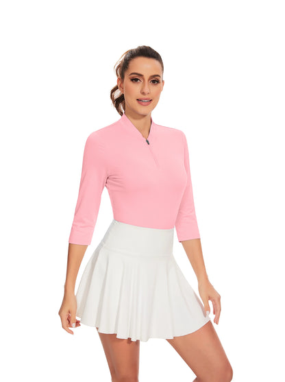 Solid Pink Quarter-Zip 3/4 Sleeve Shirt for Women