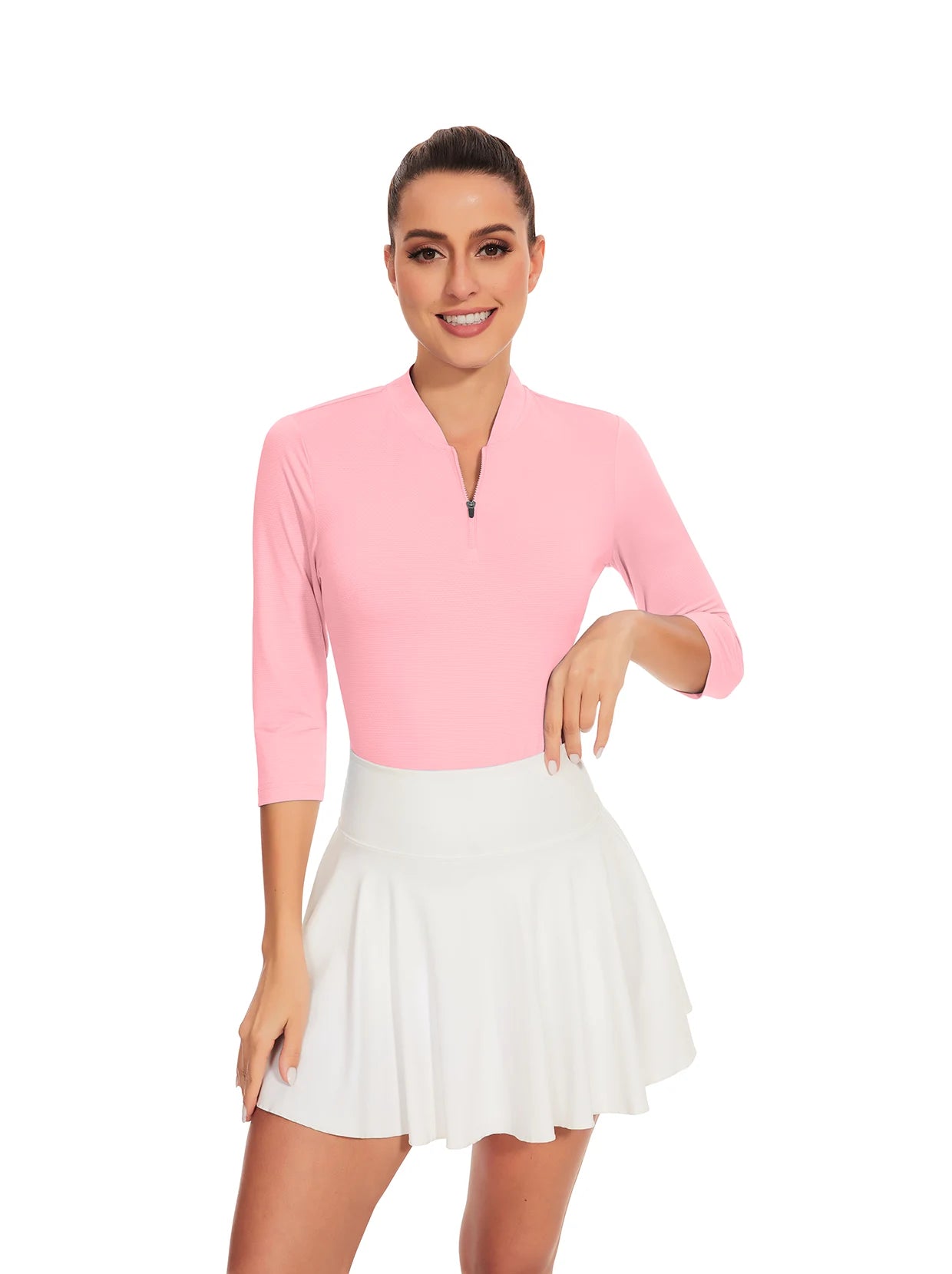 Solid Pink Quarter-Zip 3/4 Sleeve Shirt for Women