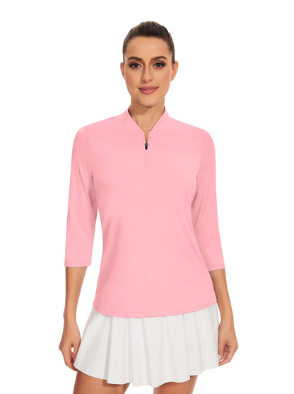 Solid Pink Quarter-Zip 3/4 Sleeve Shirt for Women 