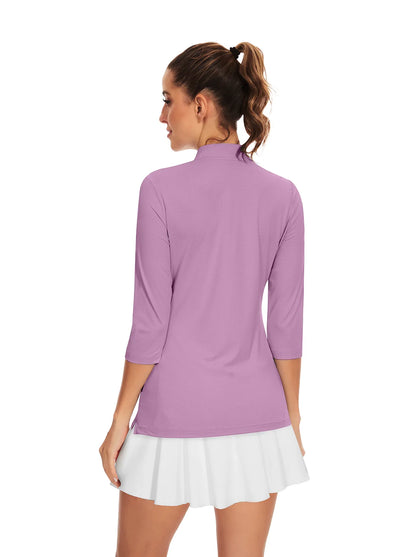 Purple V-neck Quarter-Zip 3/4 Sleeve Shirt for Women