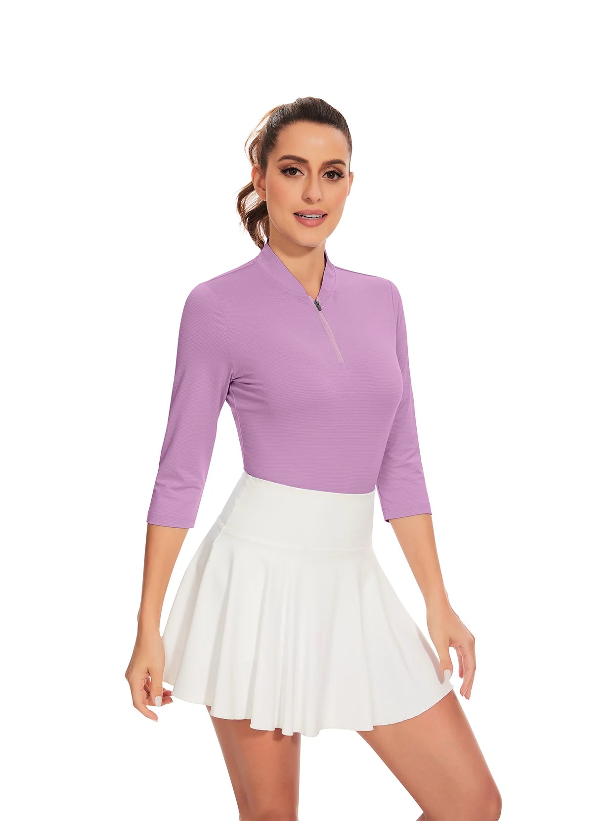 Purple V-neck Quarter-Zip 3/4 Sleeve Shirt for Women