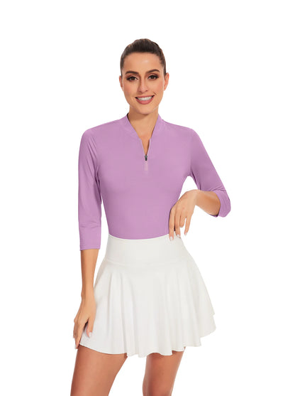 Purple V-neck Quarter-Zip 3/4 Sleeve Shirt for Women