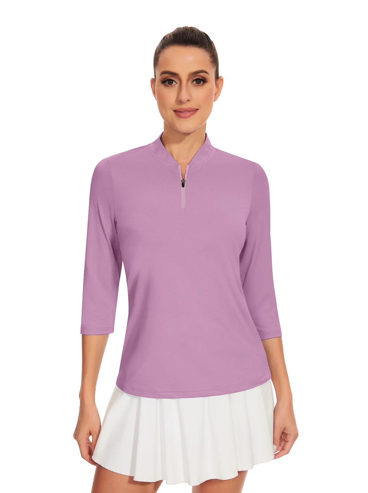 Purple Collarless Quarter-Zip 3/4 Sleeve Shirt for Women 