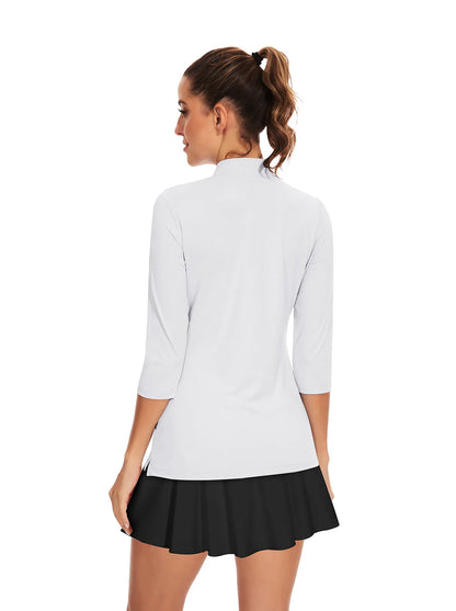 Solid White Quarter-Zip 3/4 Sleeve Shirt for Women