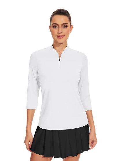 Solid White Quarter-Zip 3/4 Sleeve Golf Shirt for Women 