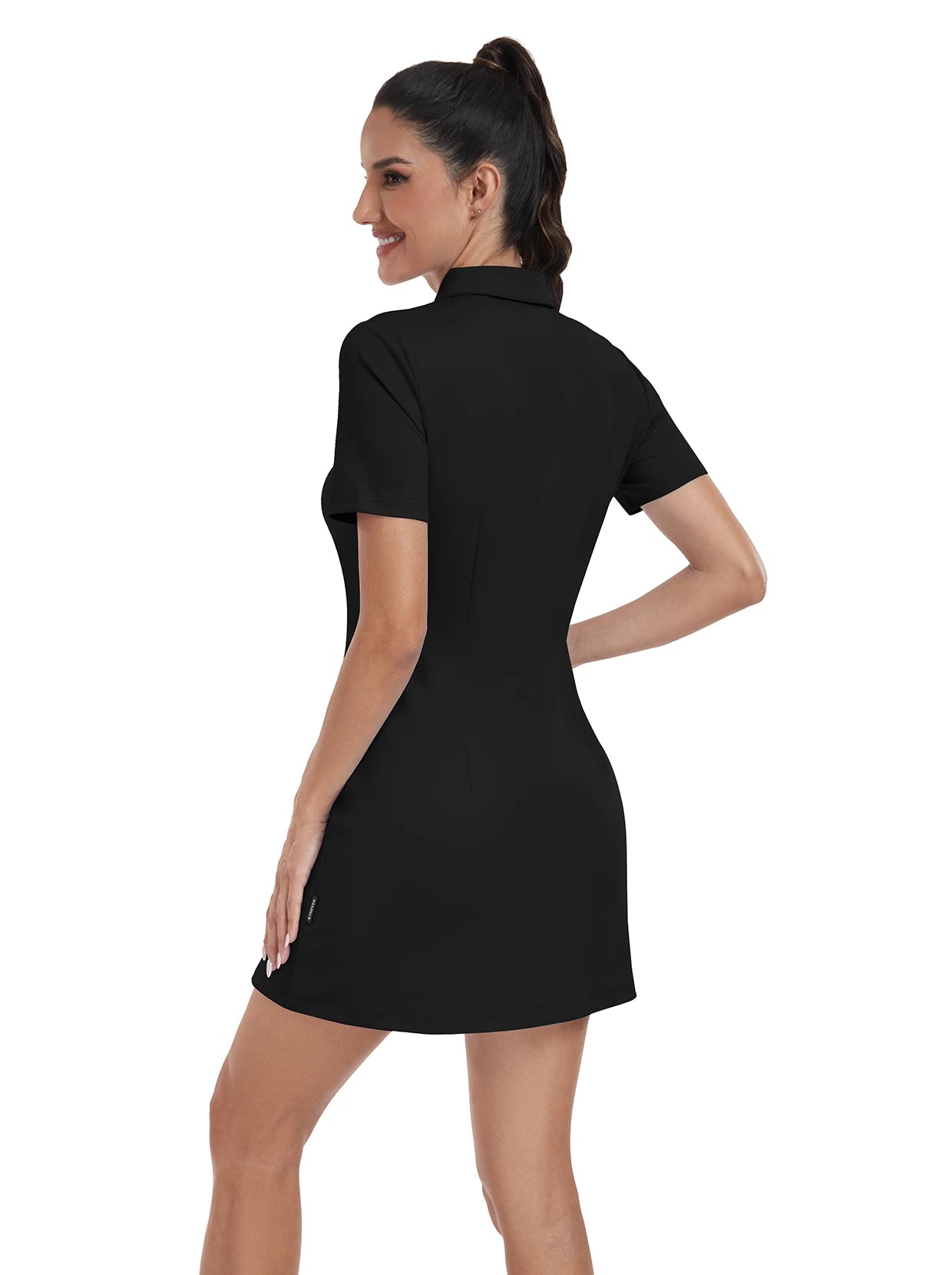 Solid Black Quartet-zip Short-Sleeve Polo Dress With Inner Shorts