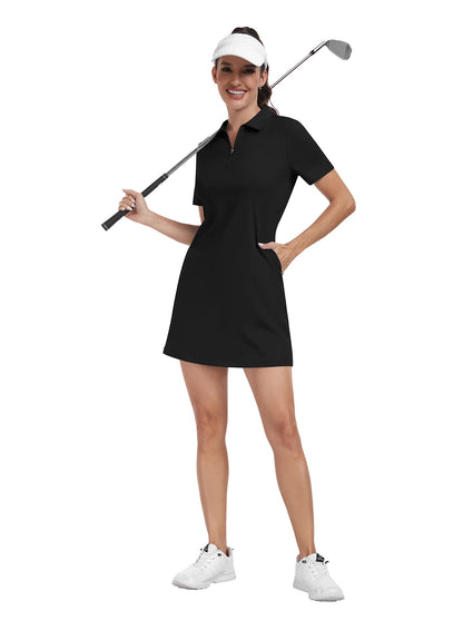 Solid Black Quartet-zip Short-Sleeve Polo Dress With Inner Shorts