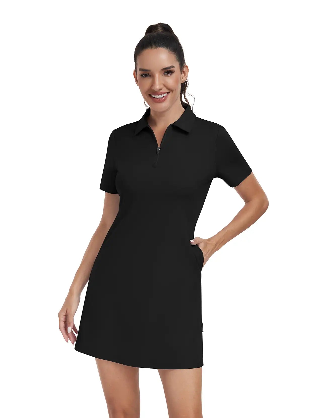 Solid Black Zipper Short-Sleeve Polo Dress With Inner Shorts 