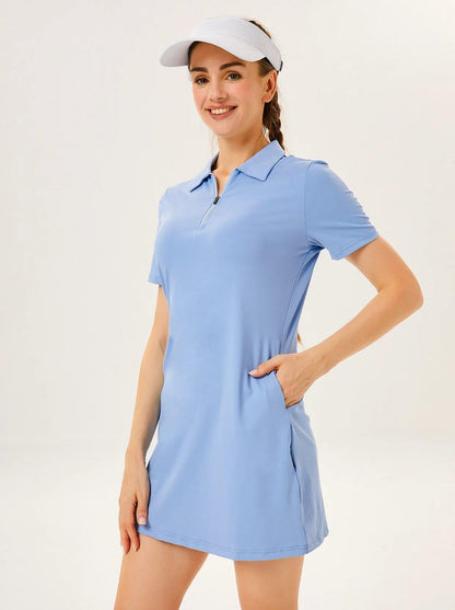 Solid Blue Zipper Short-Sleeve Polo Dress With Inner Shorts