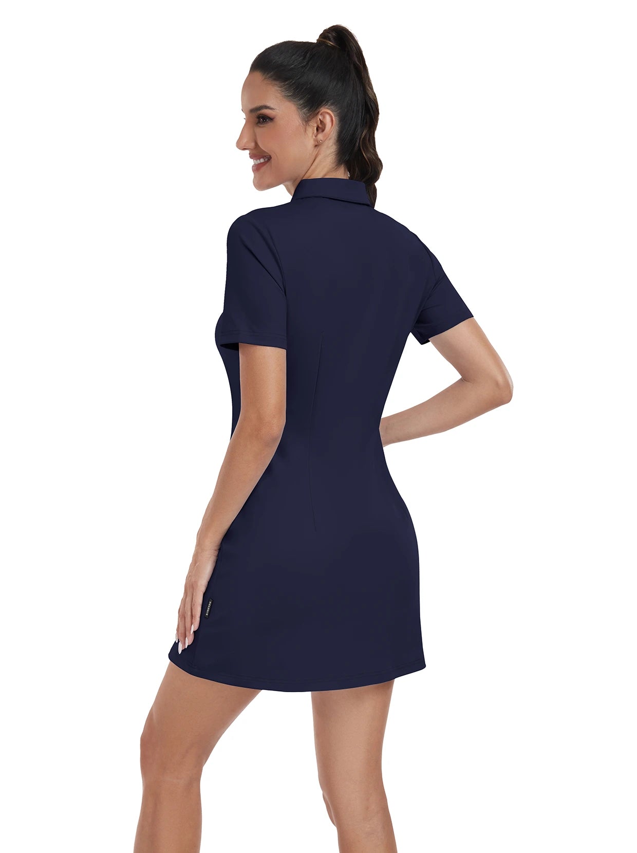 Dark Blue Zipper Short-Sleeve Polo Dress With Inner Shorts