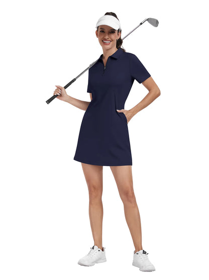 Dark Blue Zipper Short-Sleeve Polo Dress With Inner Shorts