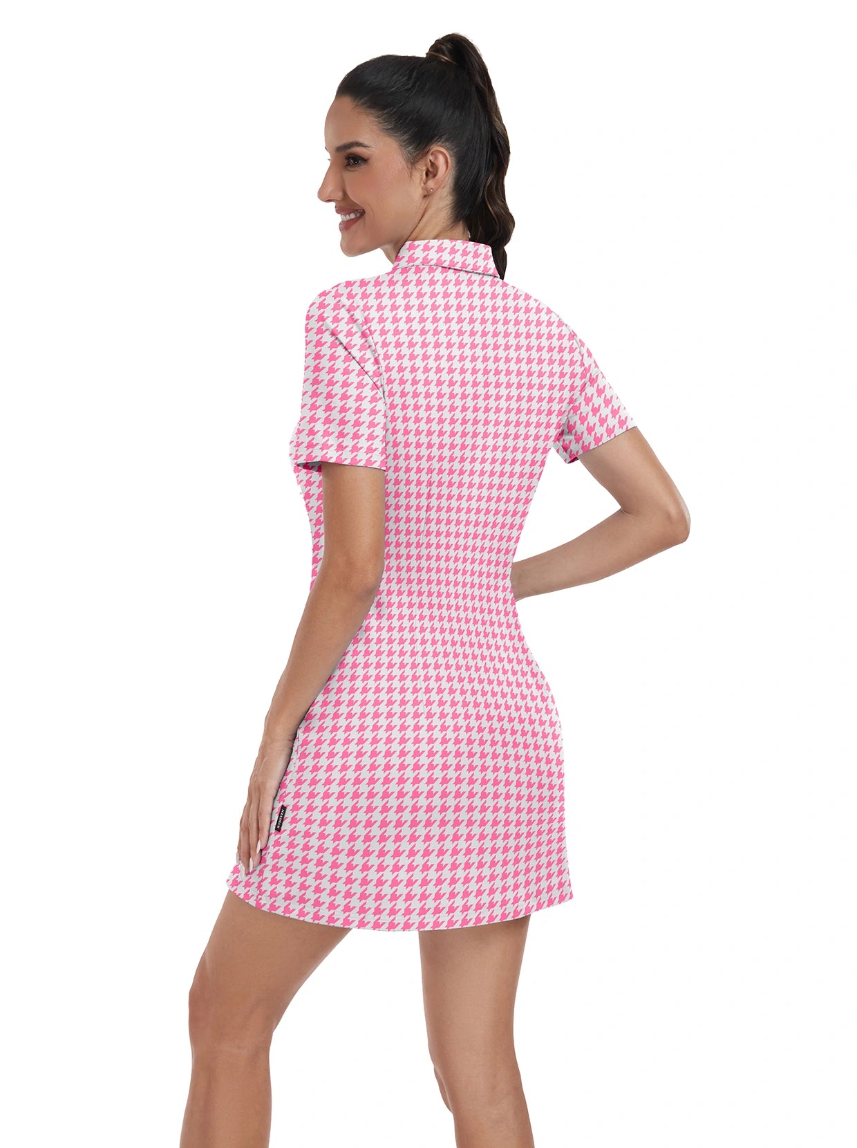 Pink houndstooth Zipper Short-Sleeve Polo Dress With Inner Shorts