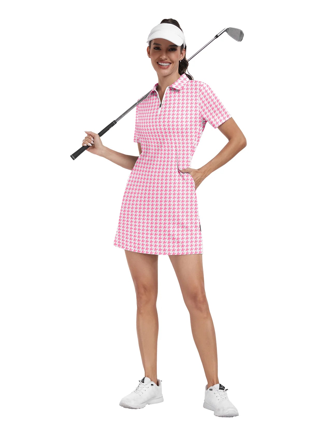 Pink houndstooth Zipper Short-Sleeve Polo Dress With Inner Shorts