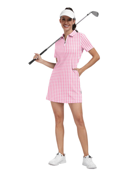 Pink houndstooth Zipper Short-Sleeve Polo Dress With Inner Shorts