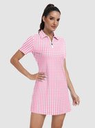 Pink houndstooth Zipper Short-Sleeve Polo Dress With Inner Shorts