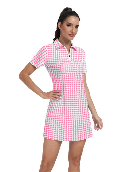 Pink houndstooth Zipper Short-Sleeve Polo Dress With Inner Shorts