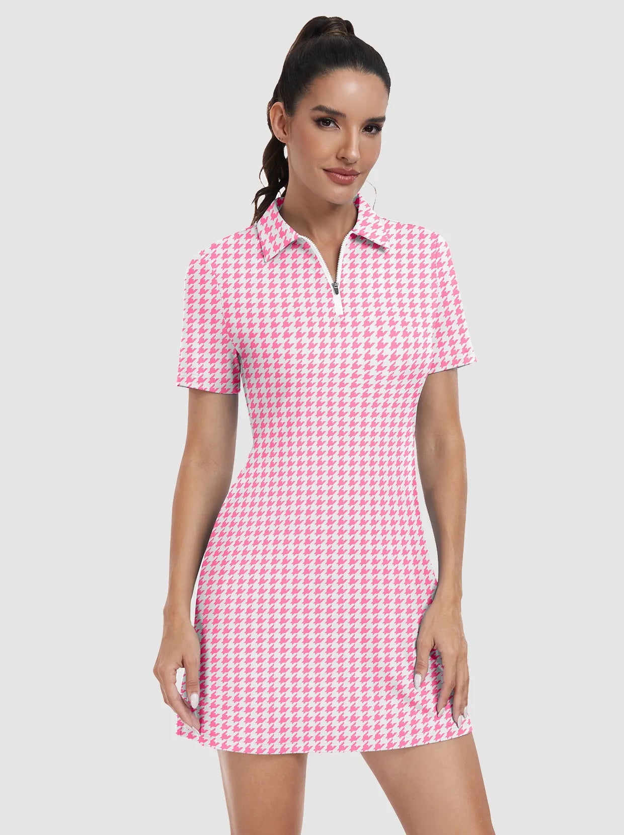 Pink houndstooth Zipper Short-Sleeve Polo Dress With Inner Shorts