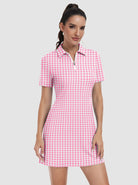 Pink houndstooth Zipper Short-Sleeve Polo Dress With Inner Shorts