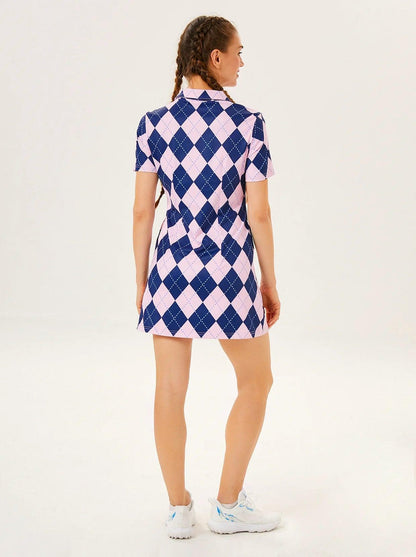 Pink and Black Checkerboard Zipper Short-Sleeve Polo Dress