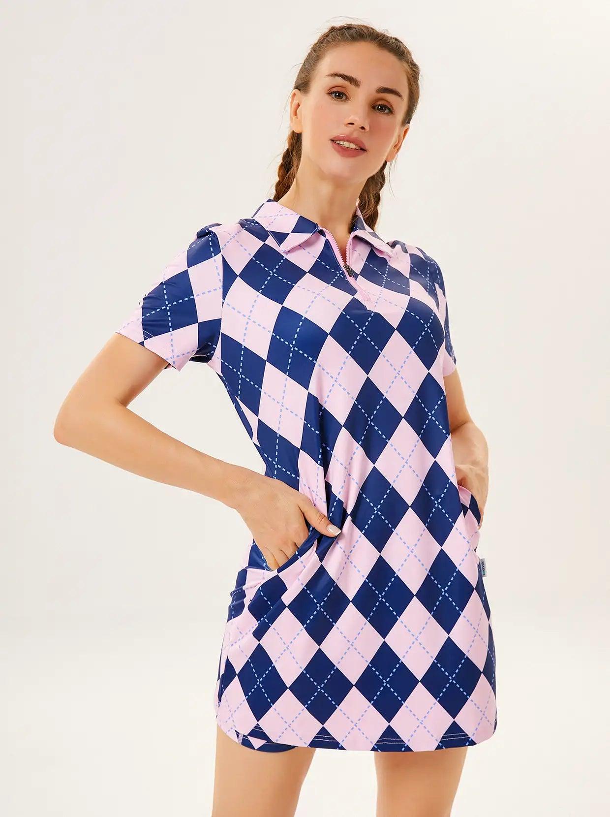 Pink and Black Checkerboard Zipper Short-Sleeve Polo Dress