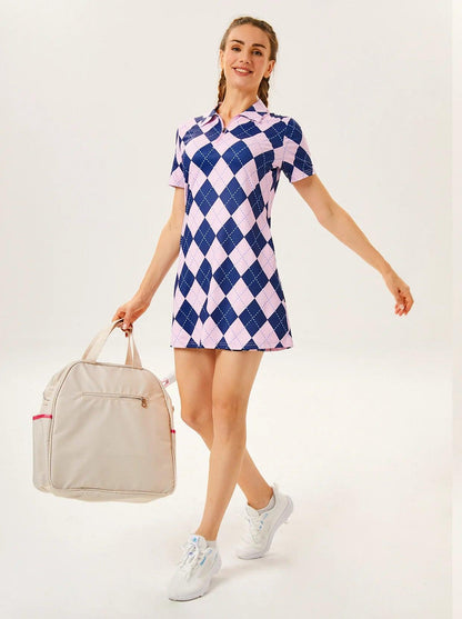 Pink and Black Checkerboard Zipper Short-Sleeve Polo Dress