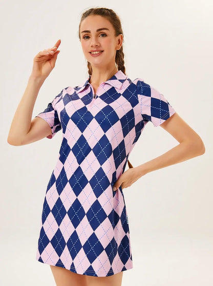 Pink and Black Checkerboard Zipper Short-Sleeve Polo Dress