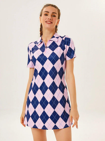 Pink and Black Checkerboard Zipper Short-Sleeve Polo Dress