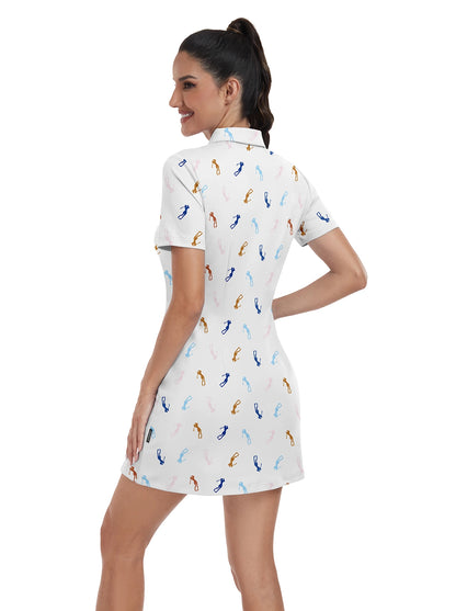 Golfer Pattern Zipper Short-Sleeve Polo Dress With Inner Shorts