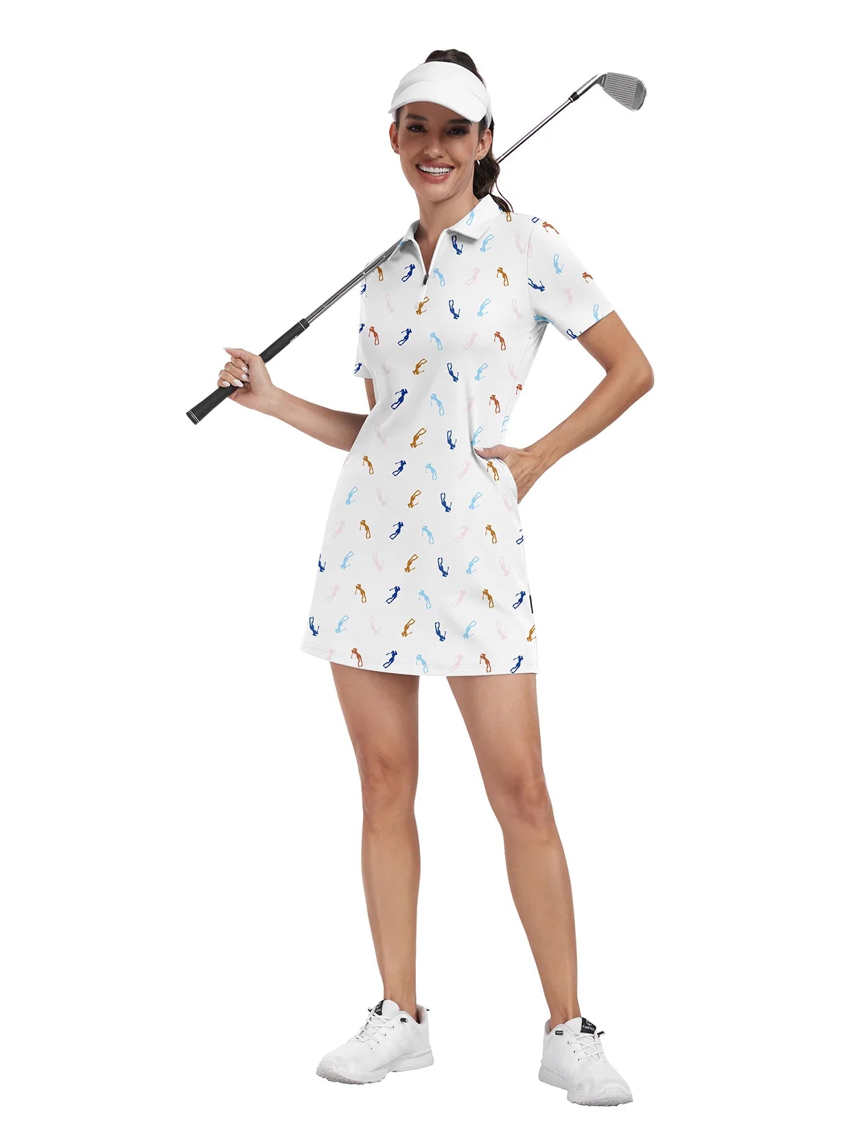 Golfer Pattern Zipper Short-Sleeve Polo Dress With Inner Shorts