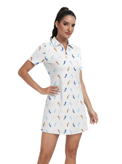 Golfer Pattern Zipper Short-Sleeve Polo Dress With Inner Shorts