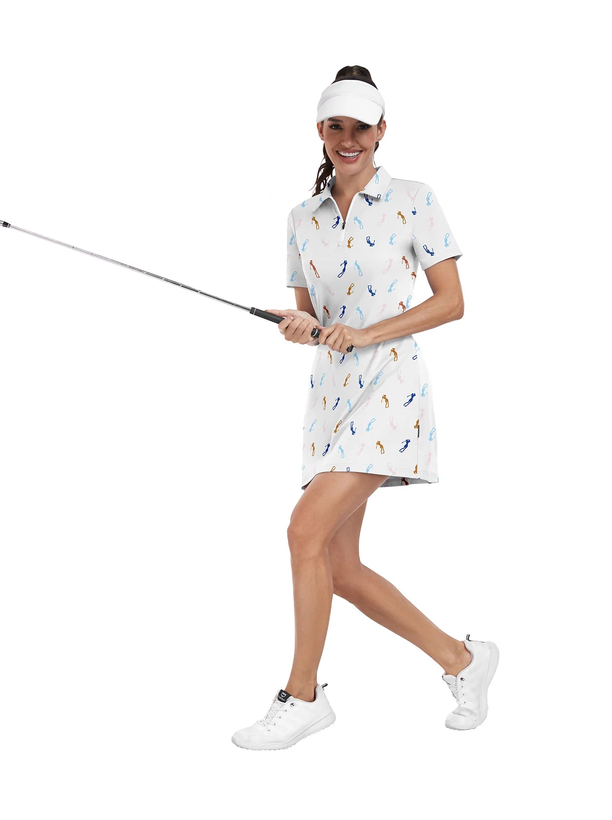 Golfer Pattern Zipper Short-Sleeve Polo Dress With Inner Shorts