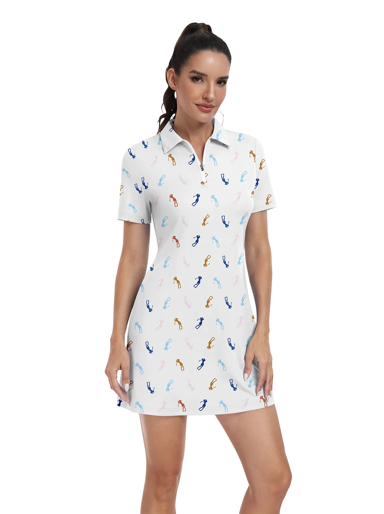 Golfer Pattern Zipper Short-Sleeve Polo Dress With Inner Shorts