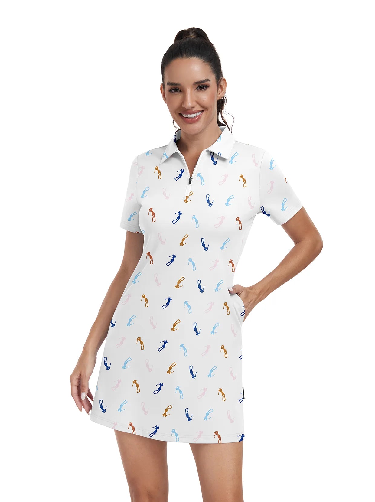 Golfer Pattern Zipper Short-Sleeve Polo Dress With Inner Shorts 