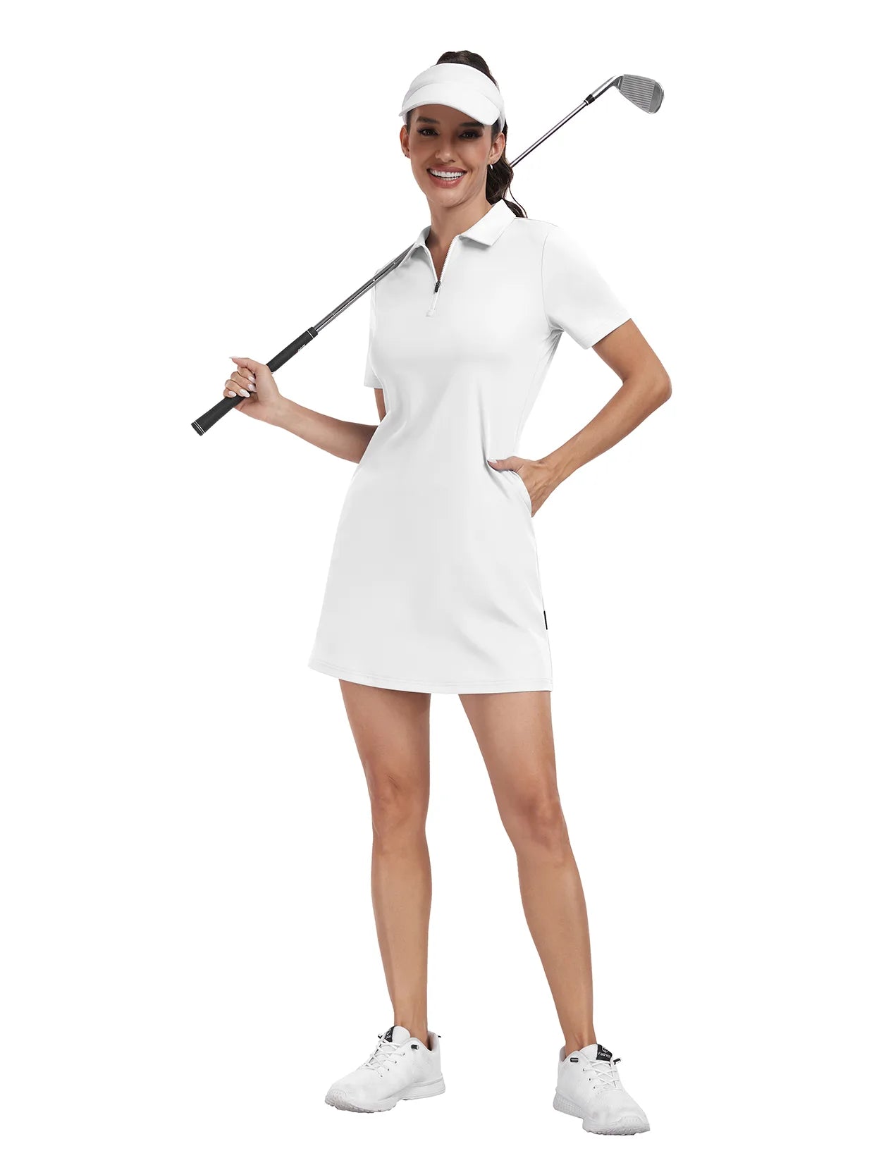 Solid White Zipper Short-Sleeve Polo Dress With Inner Shorts