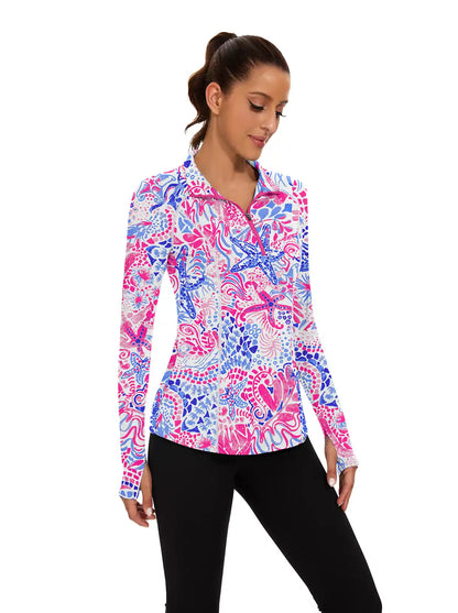 Marine print Quarter-zip Long-sleeve Shirt for Women