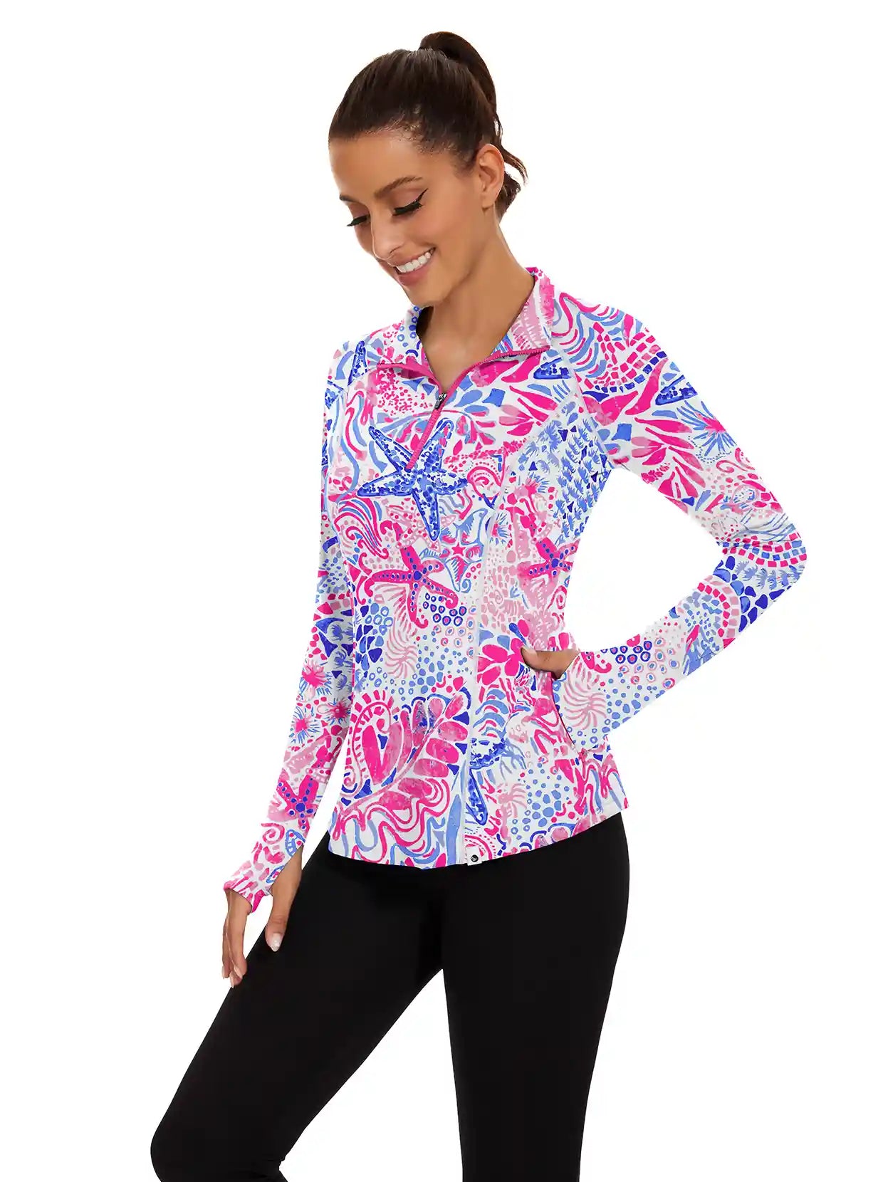 Marine print Quarter-zip Long-sleeve Shirt for Women