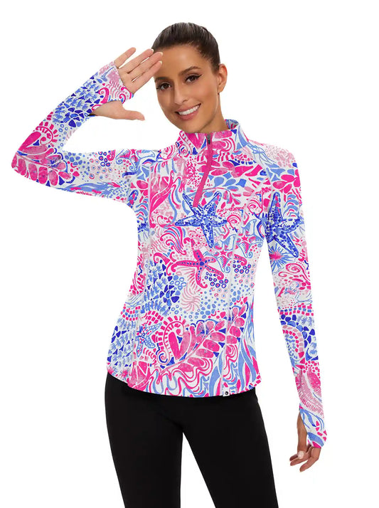 Marine print Quarter-zip Long-sleeve Shirt for Women